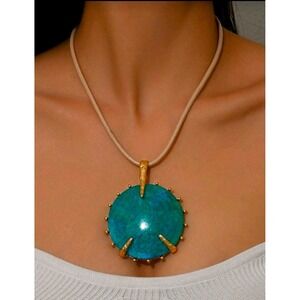 Turquoise Blue Faux Stone Statement Necklace Gold Tone Boho Round Pendant Cord